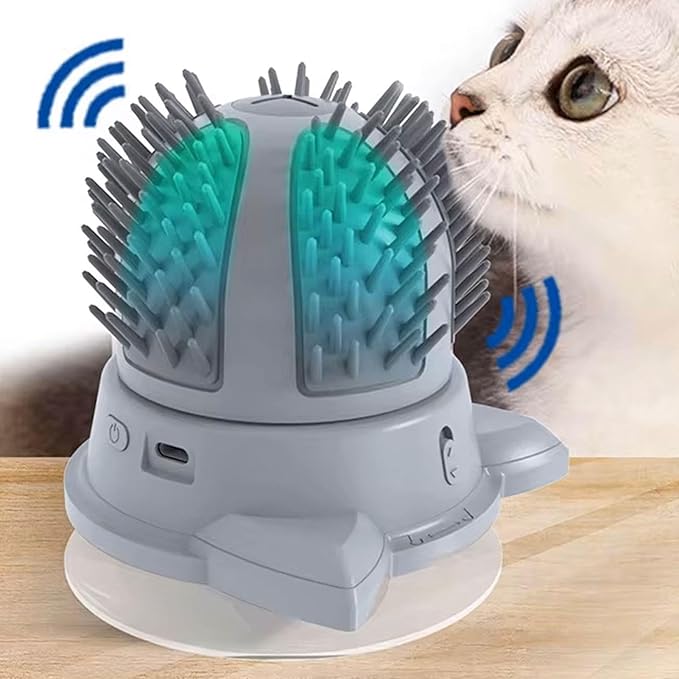 Pet self-care electric grooming brush for cats. Includes catnip dispenser. Easy wall mount pet supply.