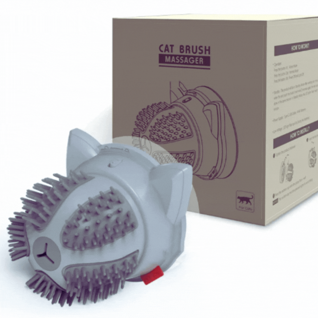 Happy cat enjoying an electric self-massage grooming brush with catnip & dual power. Feline relaxation.