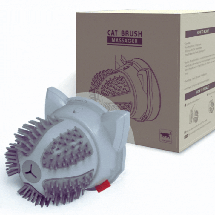 Happy cat enjoying an electric self-massage grooming brush with catnip & dual power. Feline relaxation.
