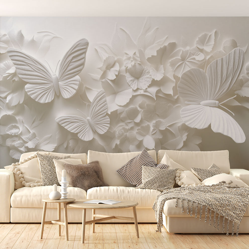 Elegant 3D butterfly floral wall mural. White peel & stick wallpaper, perfect for living room & bedroom decor.