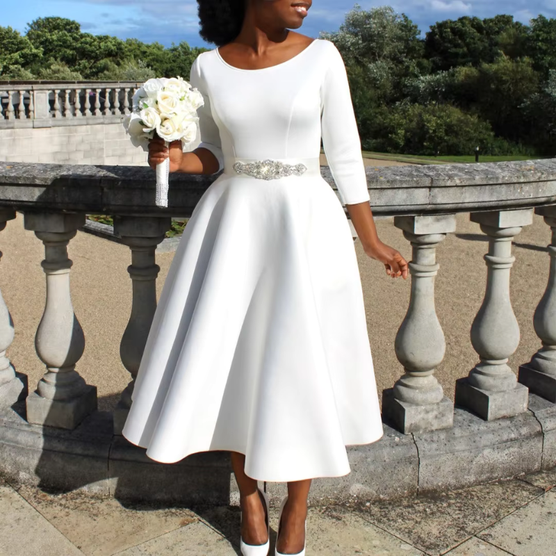Elegant A-line midi wedding guest dress for women with long sleeves, classic style