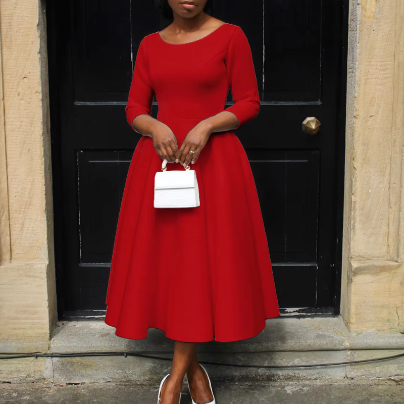 Women's formal A-line midi dress with elegant sleeves, a perfect wedding guest choice