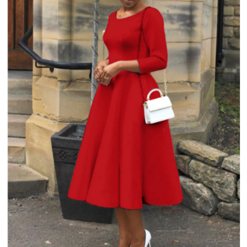 Elegant A-line midi dress for women, timeless design with sleeves for wedding guests