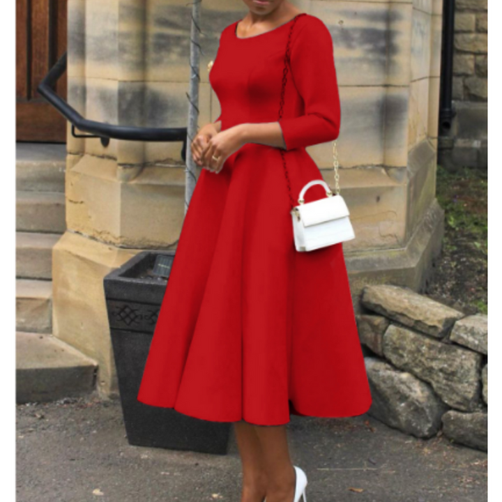 Elegant A-line midi dress for women, timeless design with sleeves for wedding guests