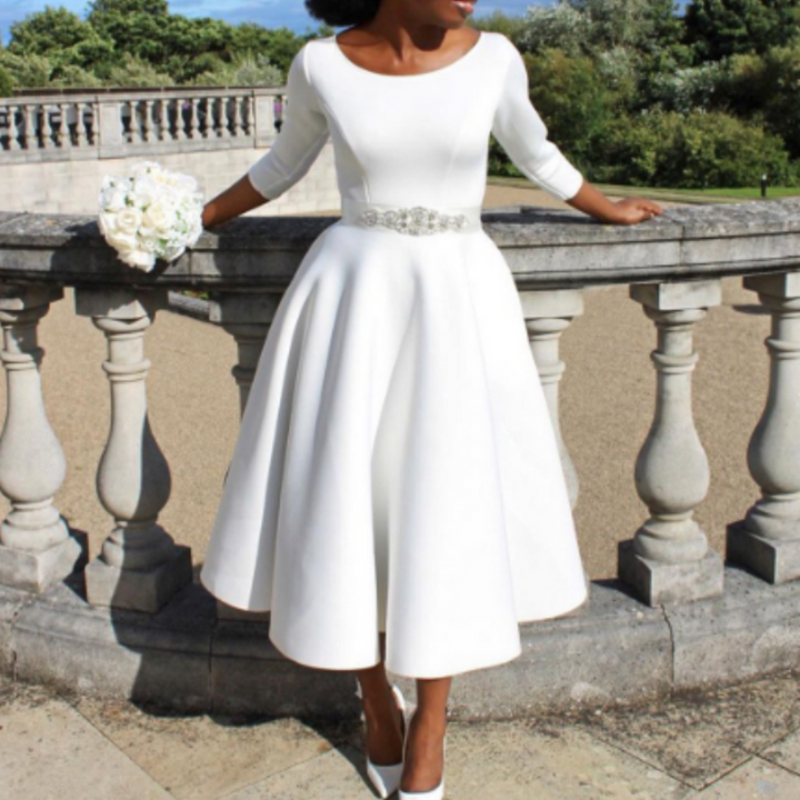Women's formal A-line midi dress with sleeves, perfect for a wedding guest, timeless fashion
