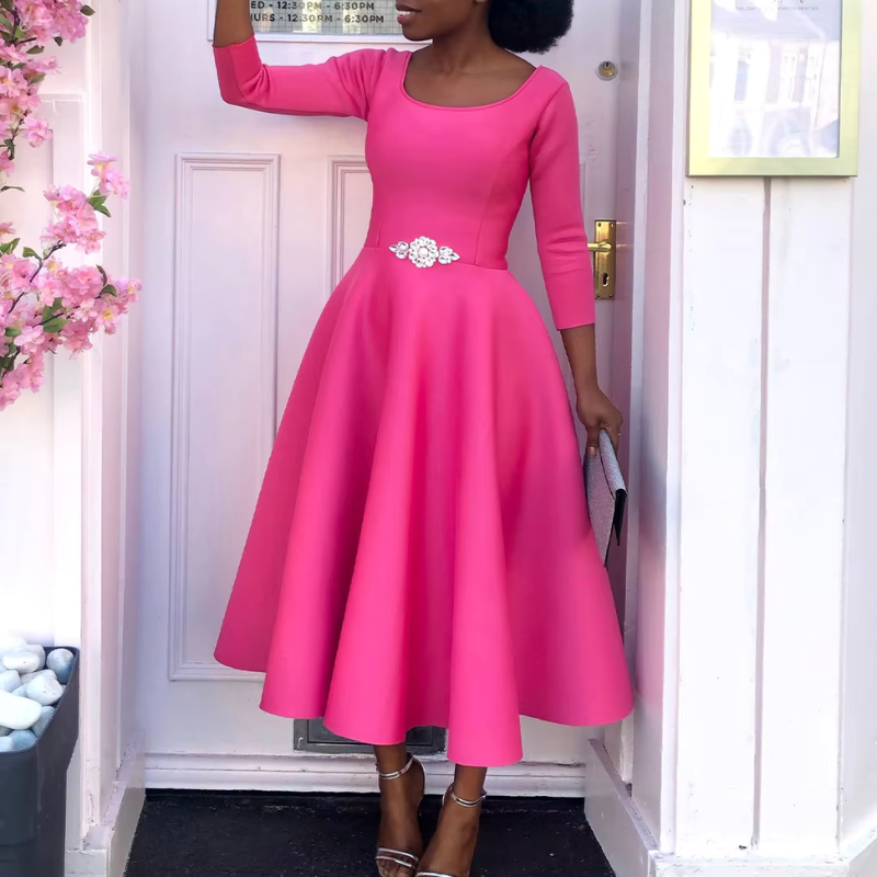 Formal women's A-line midi dress with long sleeves, sophisticated wedding guest attire