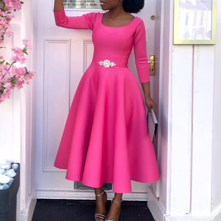 Formal women's A-line midi dress with long sleeves, sophisticated wedding guest attire