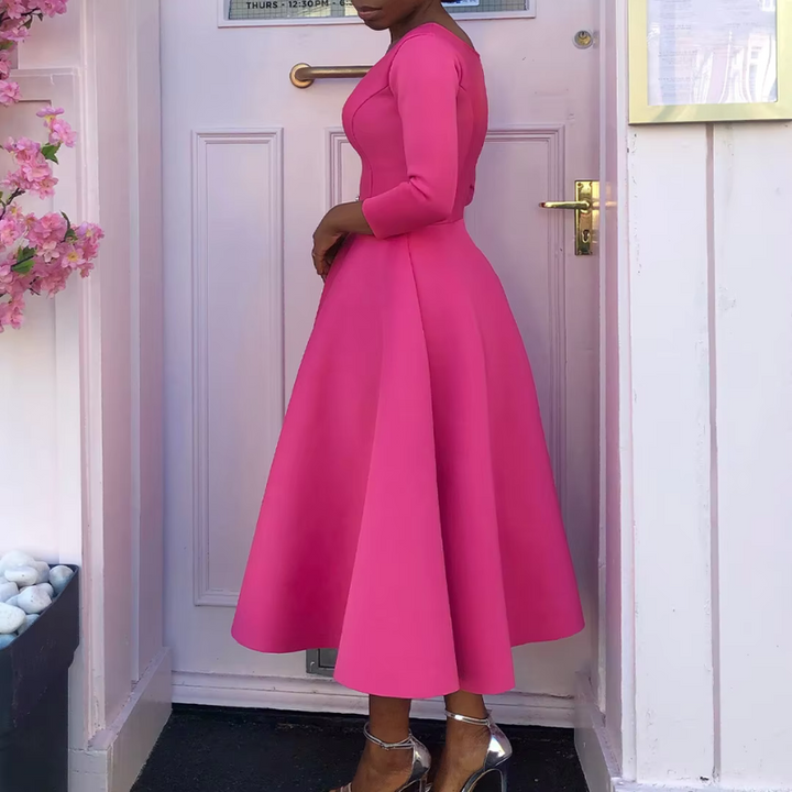Elegant A-line mid-length dress with sleeves for women, suitable for wedding guests