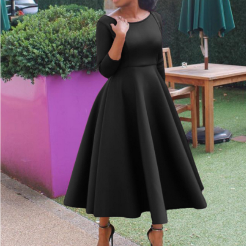 Women's classic A-line midi dress, elegant formal wear with sleeves for special occasions