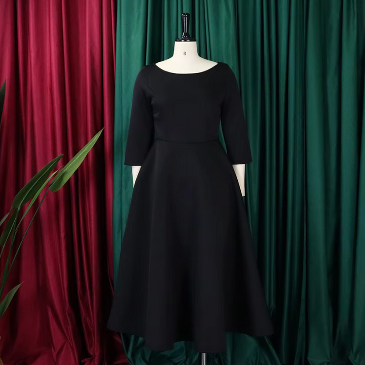 Sophisticated A-line midi party dress with sleeves, a graceful wedding guest option