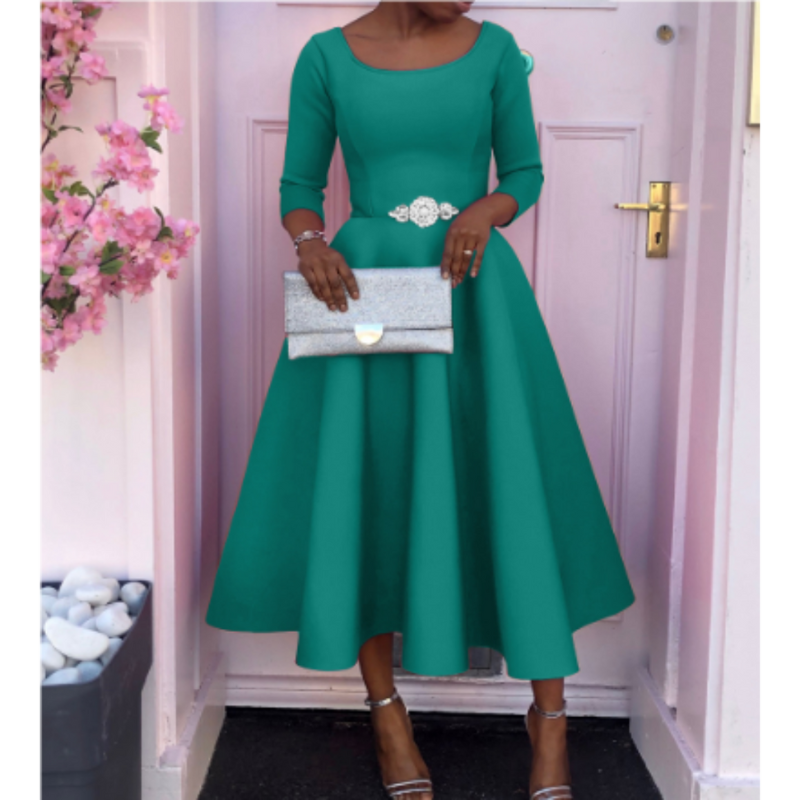 Elegant women's A-line midi dress, long sleeve design, perfect for formal events