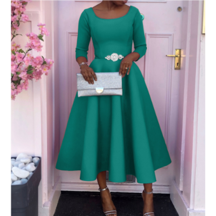 Elegant women's A-line midi dress, long sleeve design, perfect for formal events
