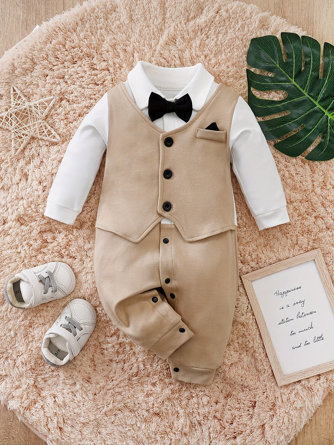 Elegant baby boy gentleman romper with bow tie. Soft cotton infant outfit for special occasions & formal events.