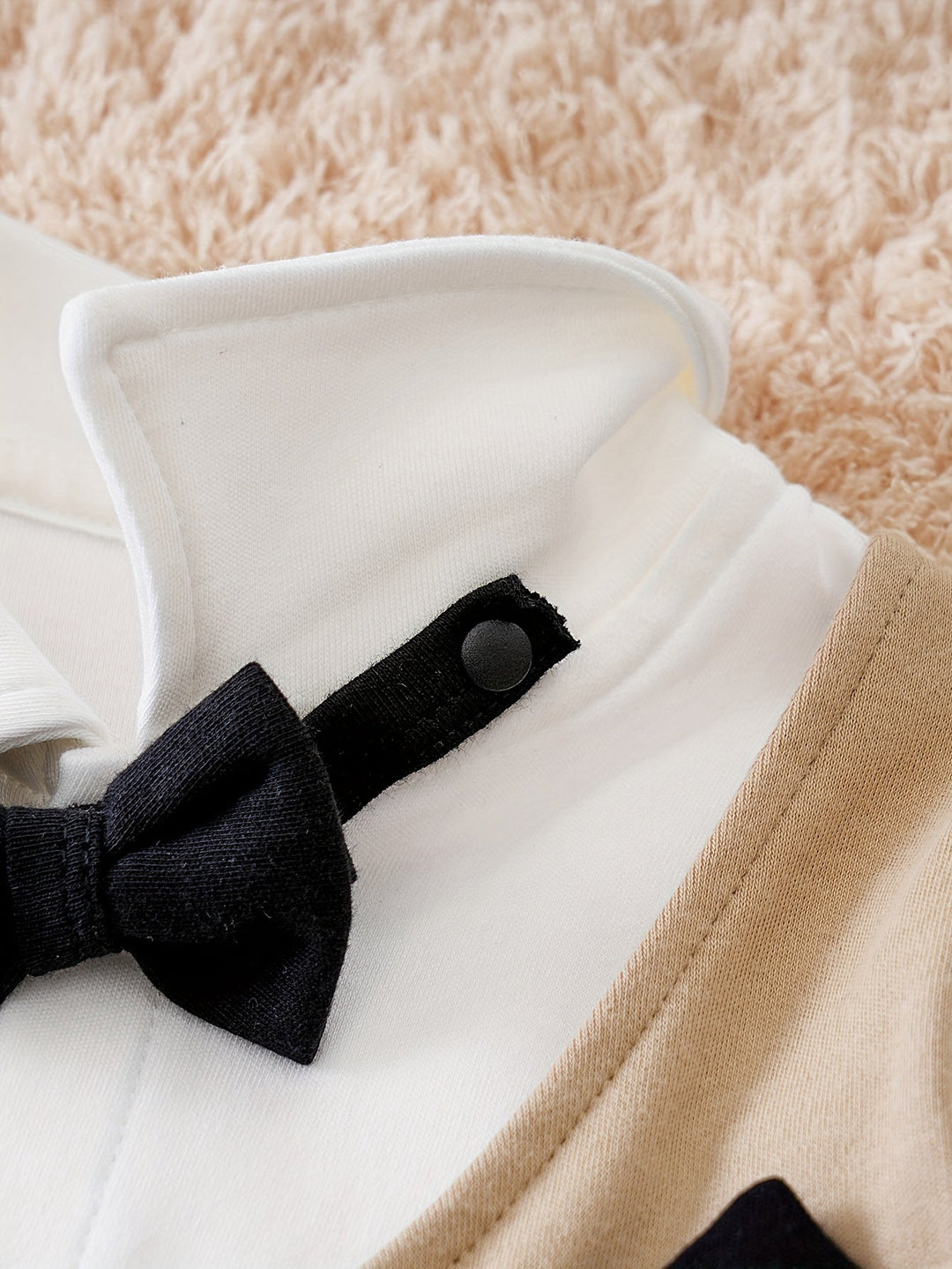 Sophisticated baby boy gentleman romper with collar & bow tie. Perfect infant formal wear & baby fashion.