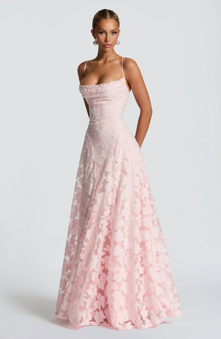 Elegant backless women's summer dress, flowy maxi with delicate spaghetti straps.