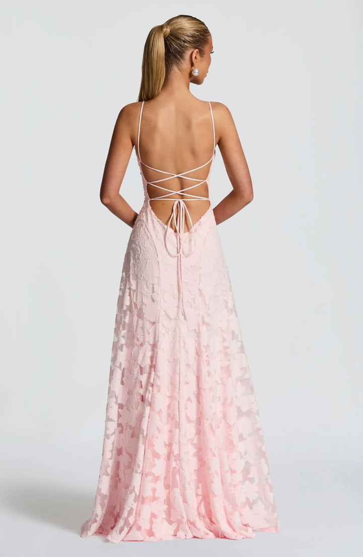 Women's formal backless slip dress, elegant maxi length, spaghetti straps, perfect for occasions.