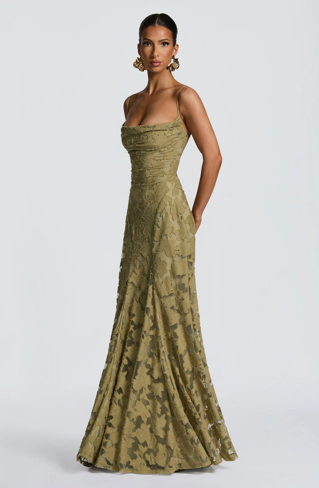 Chic women's slip dress, backless, high-waist, elegant maxi with delicate spaghetti straps.