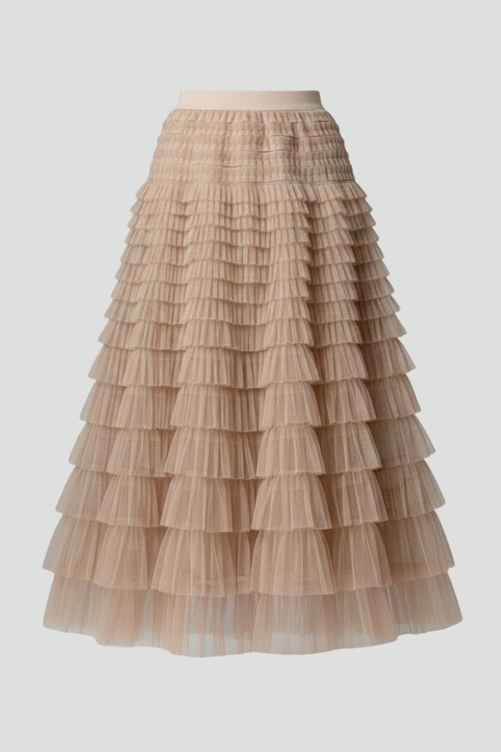 Elegant beige layered tulle midi skirt with comfortable elastic waist for women, ideal for parties.