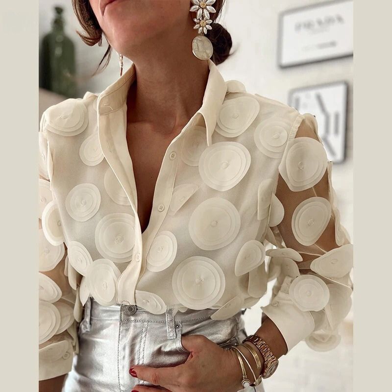 Stylish women's beige collared blouse, a versatile long sleeve top for elegant office wear & casual fashion.