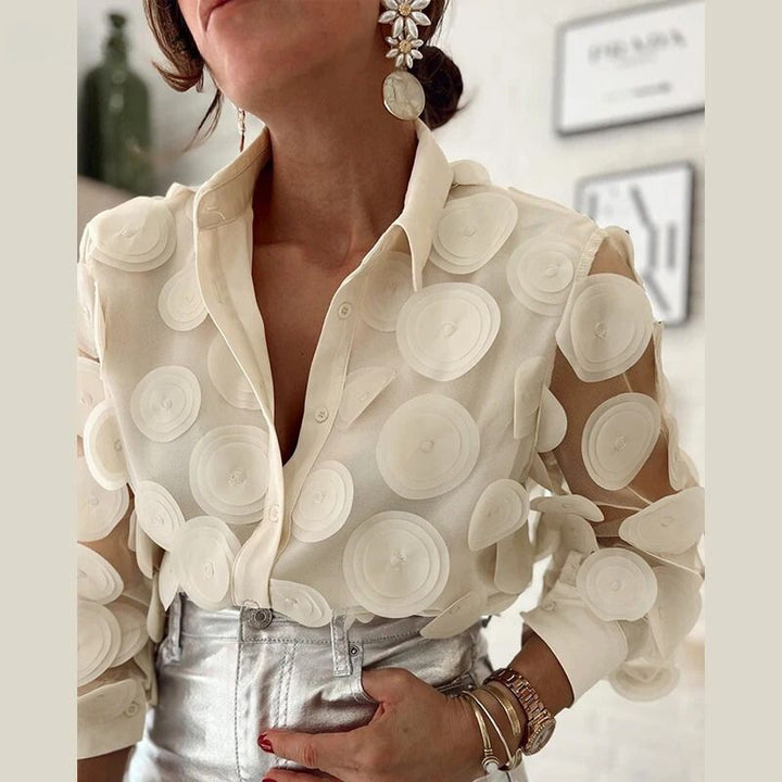 Stylish women's beige collared blouse, a versatile long sleeve top for elegant office wear & casual fashion.