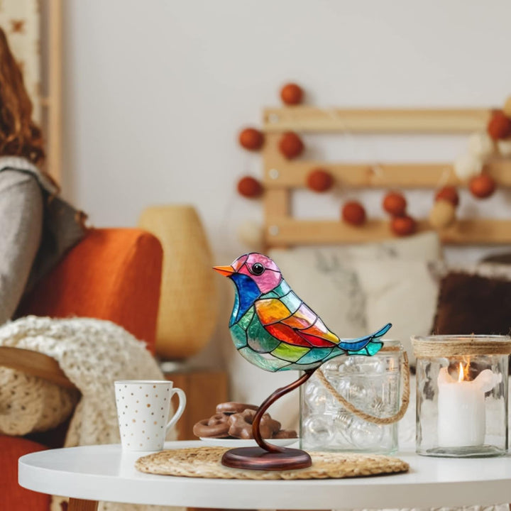 Modern bird tabletop decor, vibrant colored glass art sculpture, unique home accent.