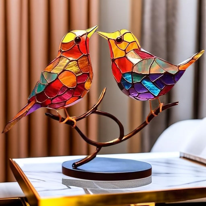 Nature-inspired glass bird sculpture, artistic tabletop decor accent, vibrant colors.