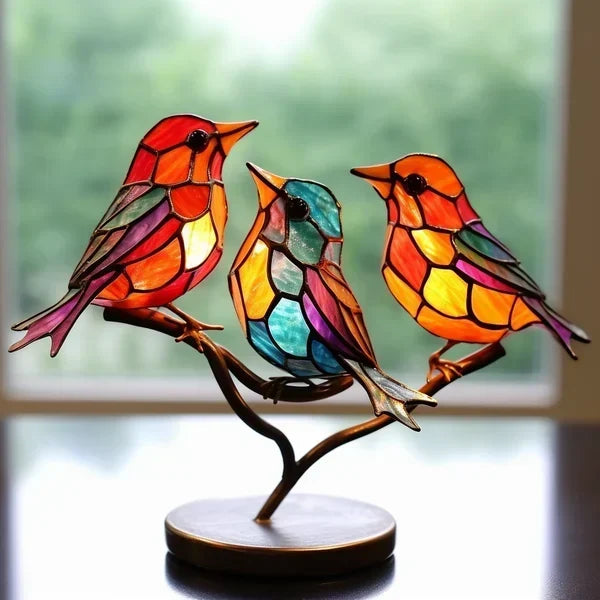 Vibrant colored glass bird sculpture, elegant artistic tabletop decor for modern homes.