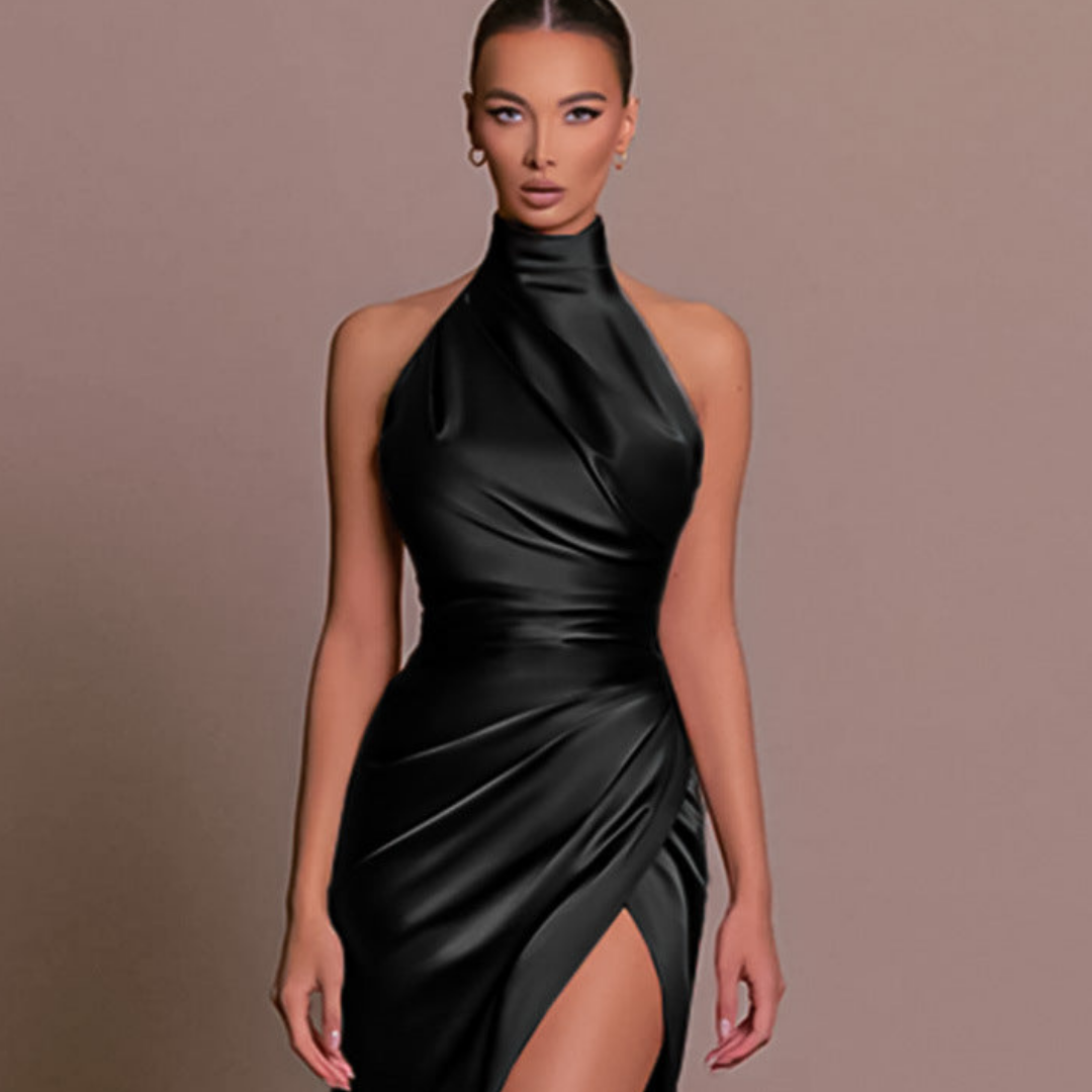 Elegant black bodycon sleeveless formal dress for women, ideal for cocktail parties & evening events