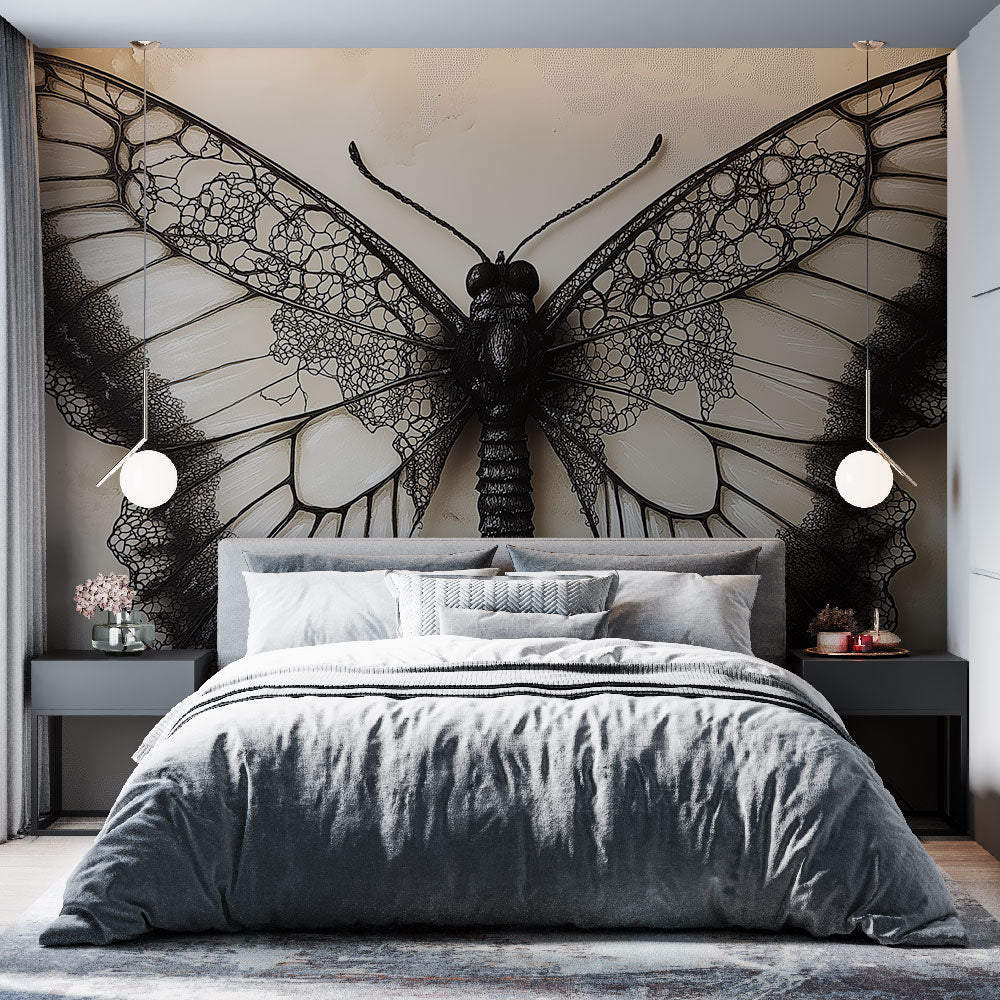 Elegant black butterfly wall mural, nature-inspired peel & stick wallpaper for modern home decor, black & white design.