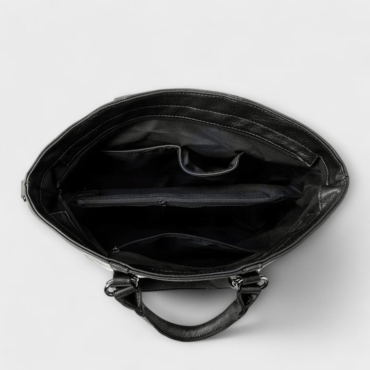 Chic women's work bag, a black structured shoulder handbag with a timeless design.