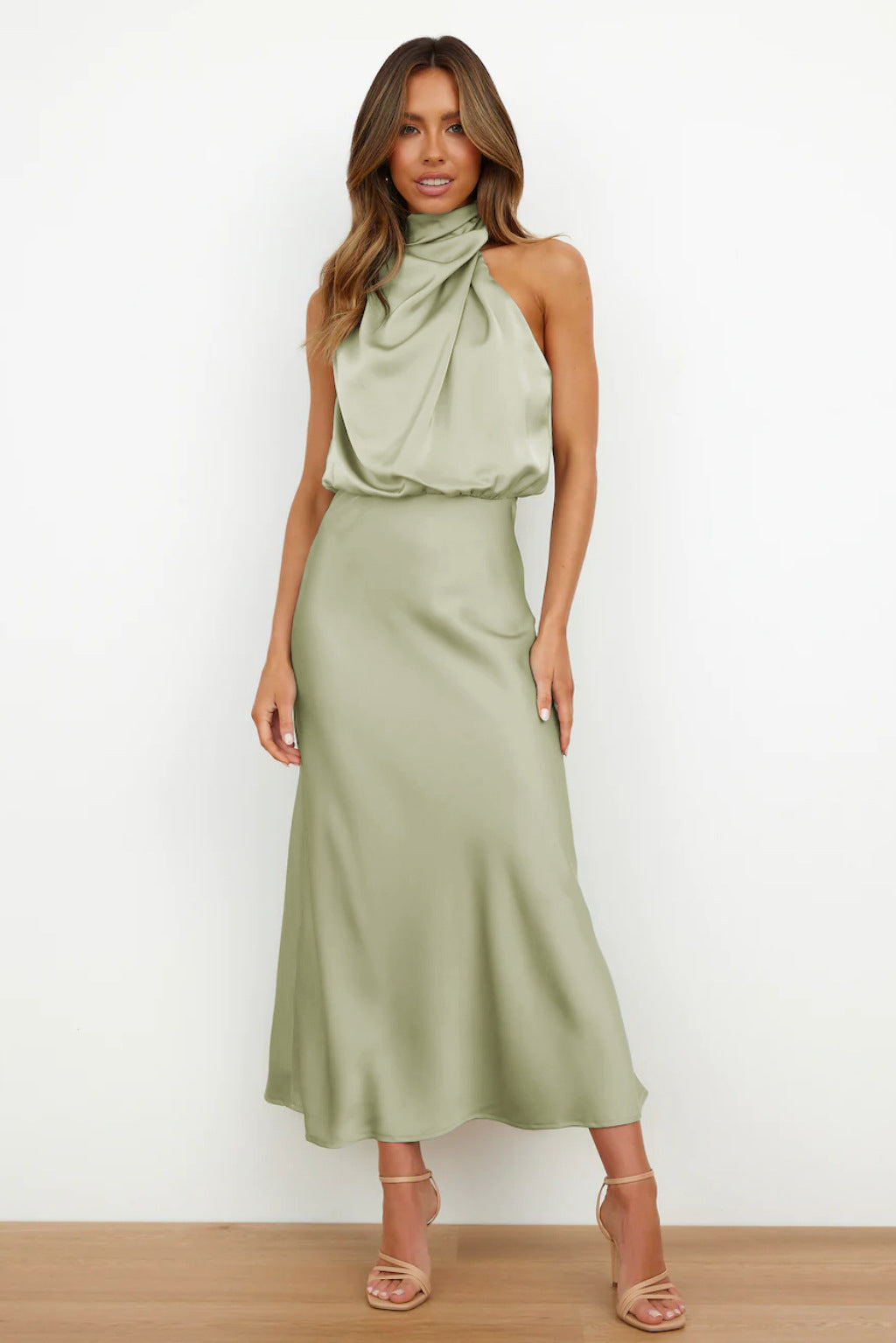 Elegant black halter neck maxi evening dress for women, perfect for formal events
