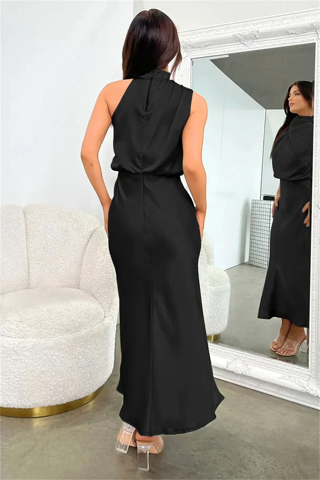 Women's formal black halter neck maxi dress, exuding elegance for special occasions