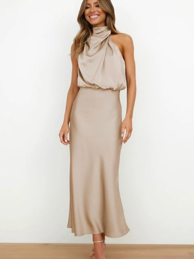 Graceful halter neck maxi dress, perfect for a formal event or elegant party