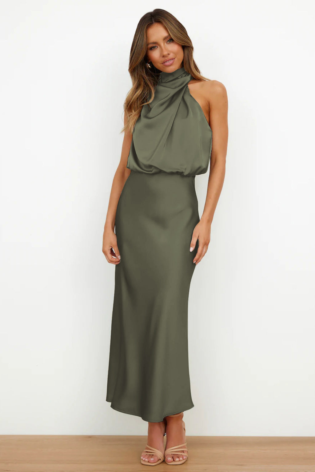Sleek women's maxi halter dress, perfect for summer formals or special events