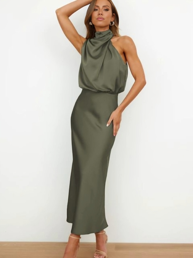 Classy black halter neck evening dress for women, offering a chic and elegant look