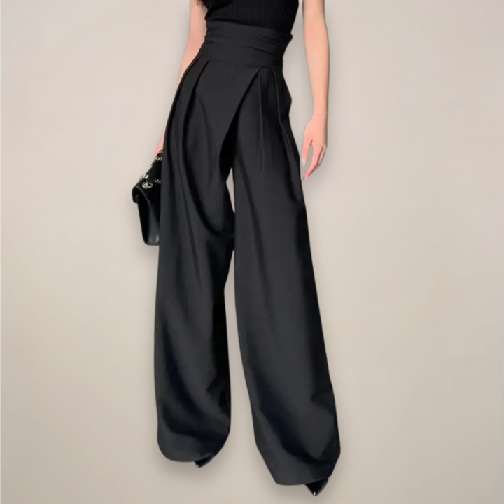 Elegant black high-waisted wide-leg trousers for women, perfect for summer fashion and casual chic outfits.