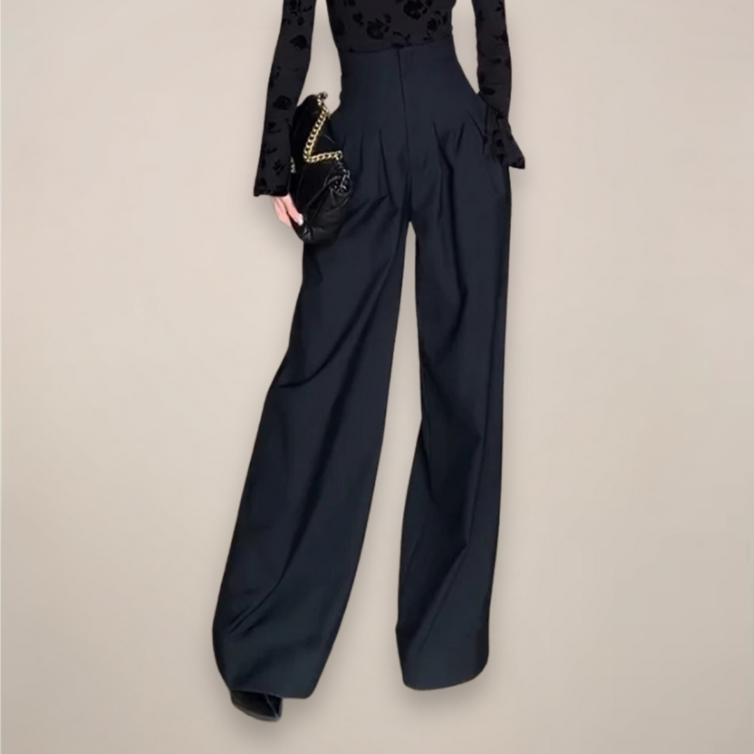Fashionable black high-waisted wide-leg pants for women, offering a stylish and comfortable summer apparel choice.