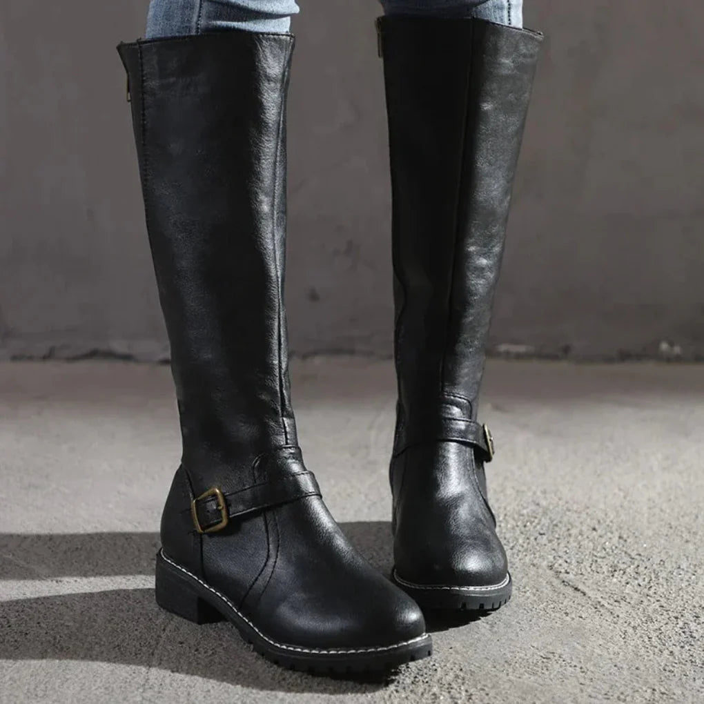 Classic formal knee-high leather boots for women, versatile for casual chic or elegant footwear