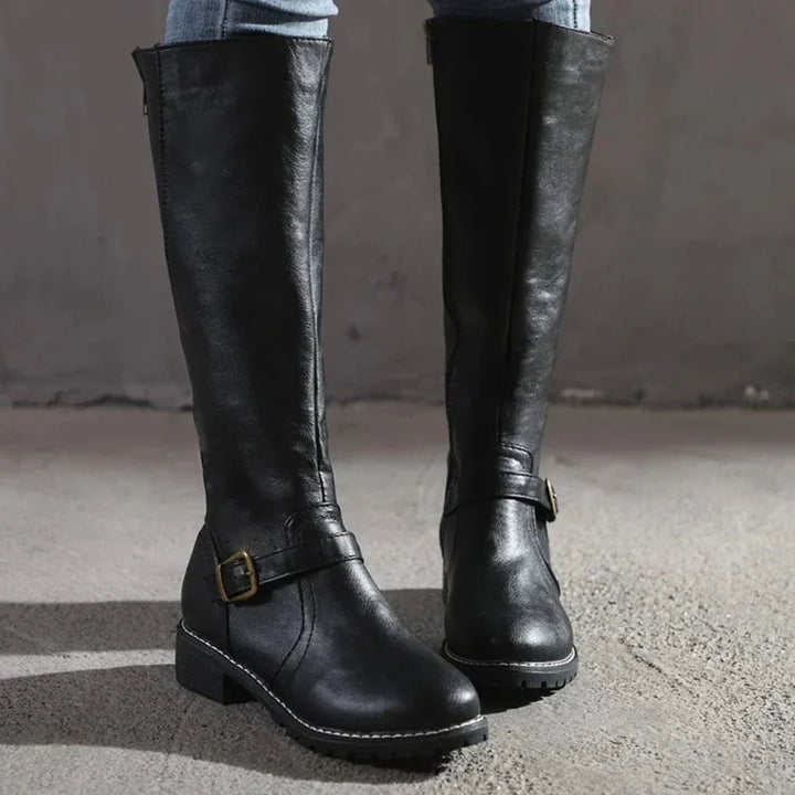 Classic formal knee-high leather boots for women, versatile for casual chic or elegant footwear