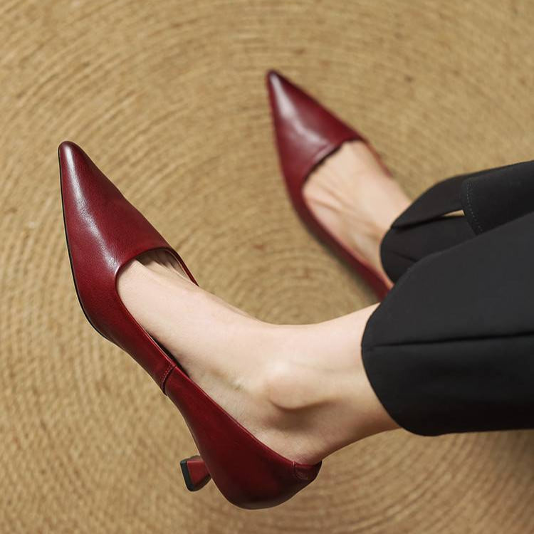 Elegant black leather pointed toe low heel pumps for women, perfect for formal events & workwear.