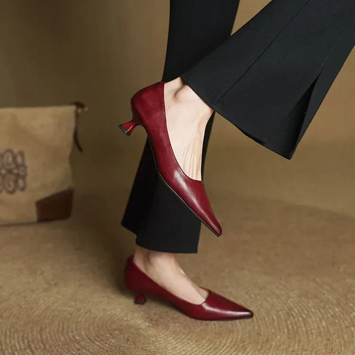 Sophisticated women's low heel leather pumps, featuring a pointed toe design good for formal wear.