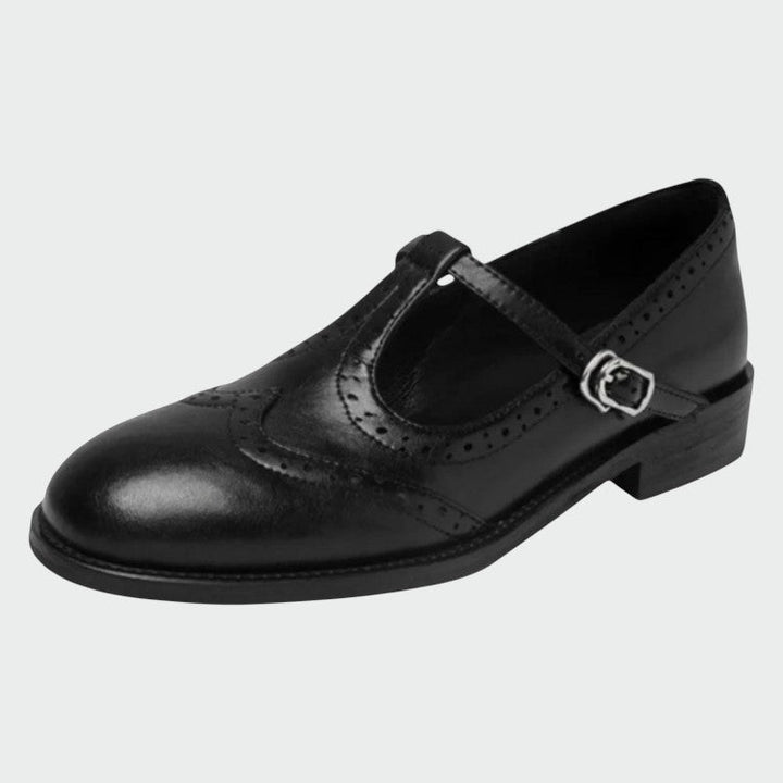 Elegant black leather T-bar Mary Jane shoes for women with brogue detail and low heel