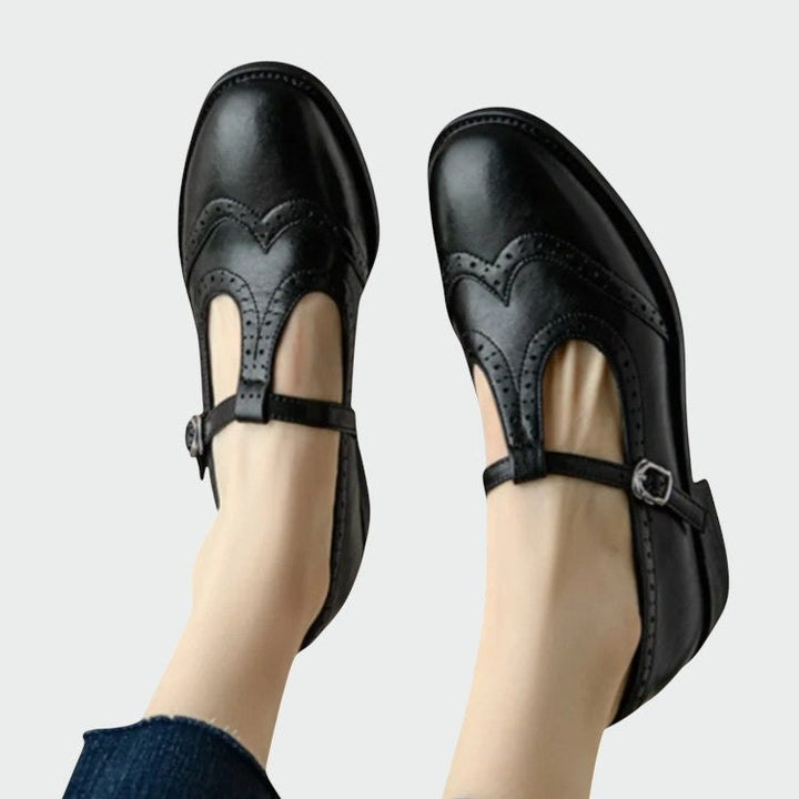 Classic women's brown leather T-bar Mary Jane shoes, versatile low heel footwear