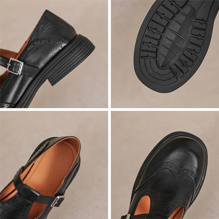 Women's versatile black leather T-strap Mary Jane flats, brogue detail for a classic touch