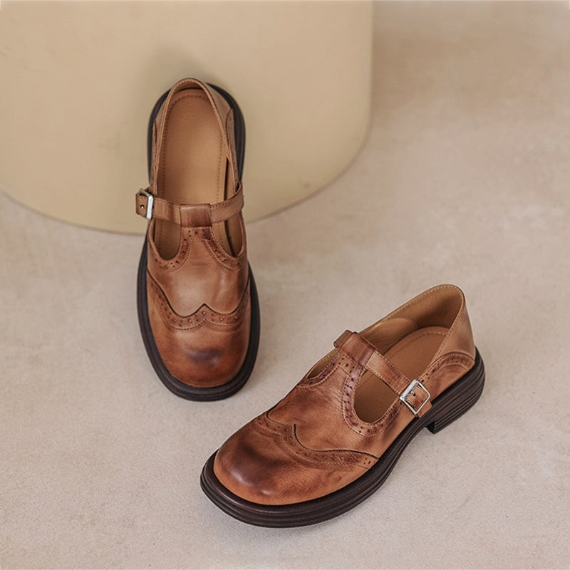 Women's classic brogue detail leather Mary Jane with T-strap, perfect for casual wear