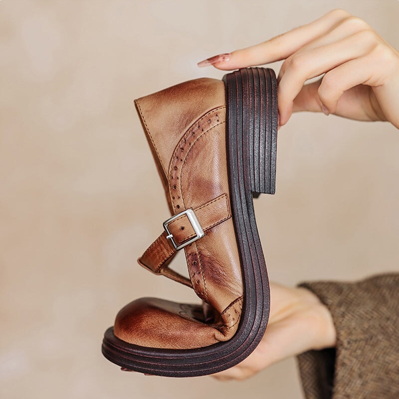 Vintage inspired women's T-strap Mary Jane flats in supple leather, ideal for everyday fashion