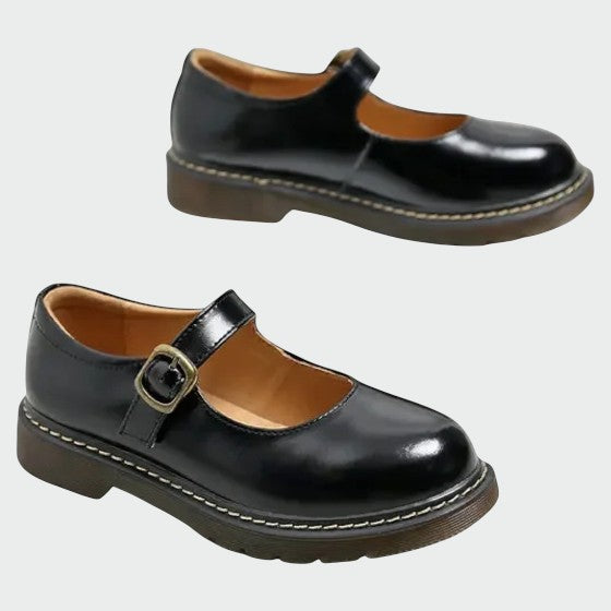 Elegant black leather women's Mary Jane block heel shoes with adjustable strap for comfortable, classic style footwear