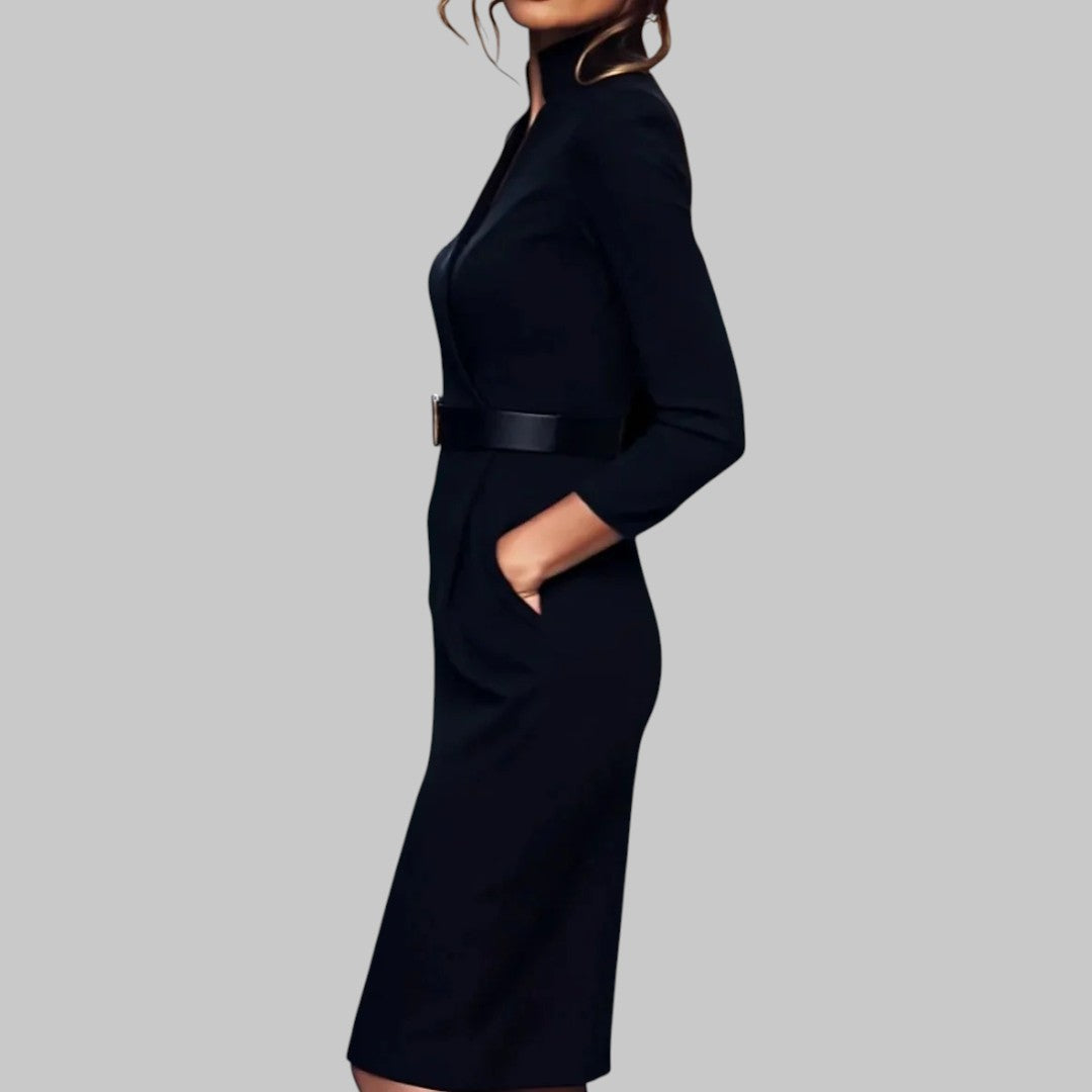 Women's black midi sheath dress with long sleeves and a stylish belt, suitable for casual or professional looks.