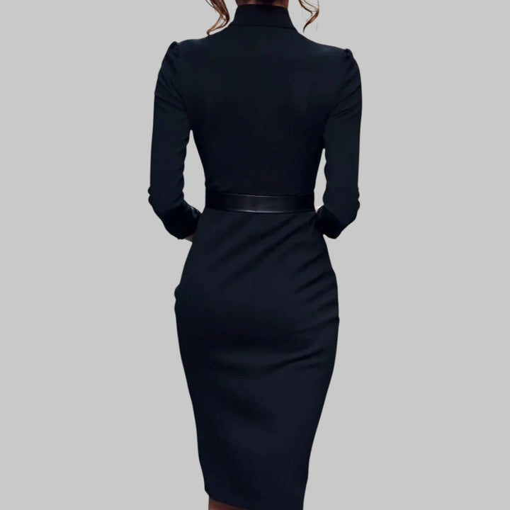 Sophisticated women's black long sleeve belted midi sheath dress, a versatile and elegant wardrobe essential.