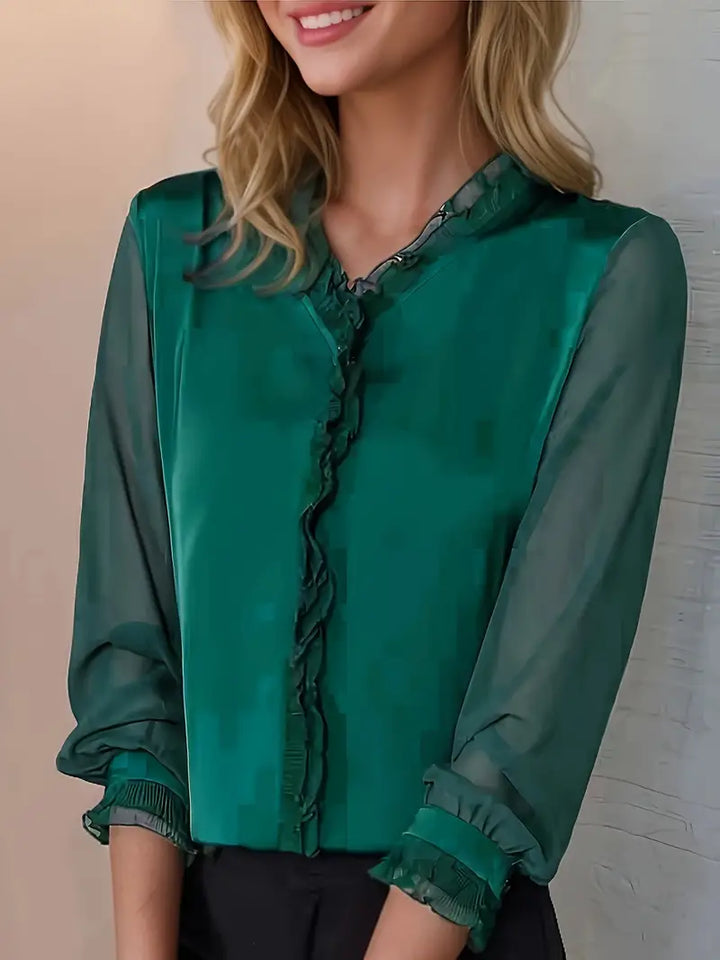 Elegant black long sleeve ruffle blouse for women, perfect for chic summer fashion.